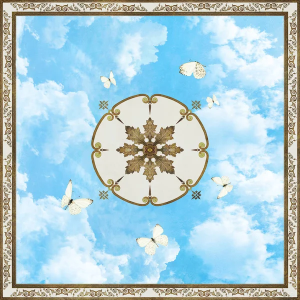 Affresco Digitale Soffitto Con Ornamenti Sul Cielo Blu — Foto Stock