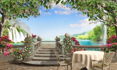 Balkondan şelaleye bak.