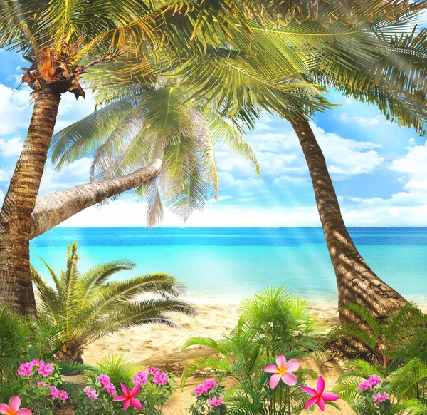 Beach with palm trees and pink flowers
