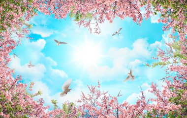 Sakura ve mavi gökyüzündeki kuşlarla dolu bir tavan.
