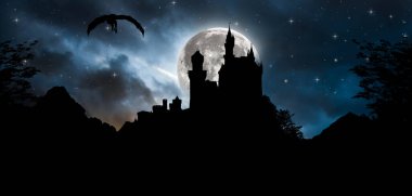 View of the silhouettes of the dragon castles and the moon clipart
