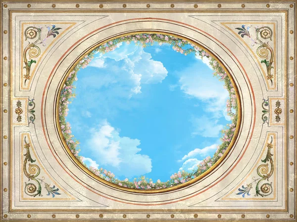 Ceiling with blue sky ornaments and flowers