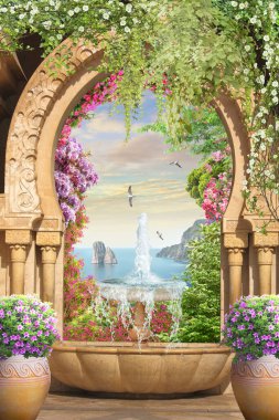 Parlak çiçekli ve deniz manzaralı doğu kemeri