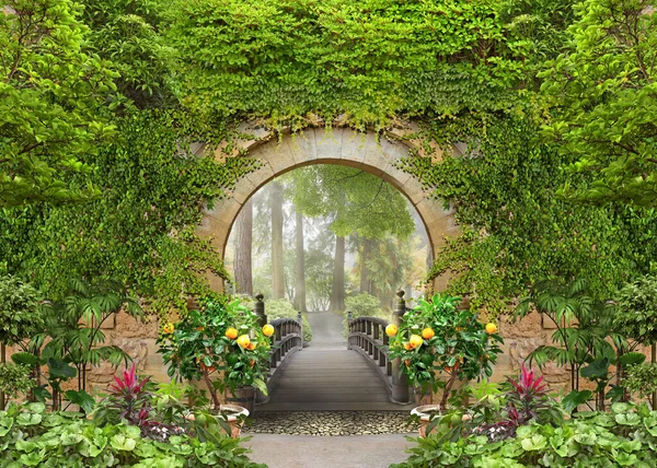 Passage Den Sonnigen Sommerpark Durch Den Bogen Mit Blumen — Stockfoto