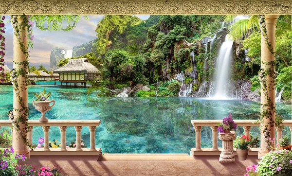 Güneşli dağın balkonundan bir şelale manzarası