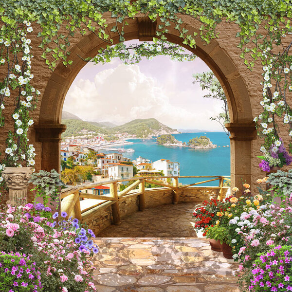 View through the arch with flowers to the sea