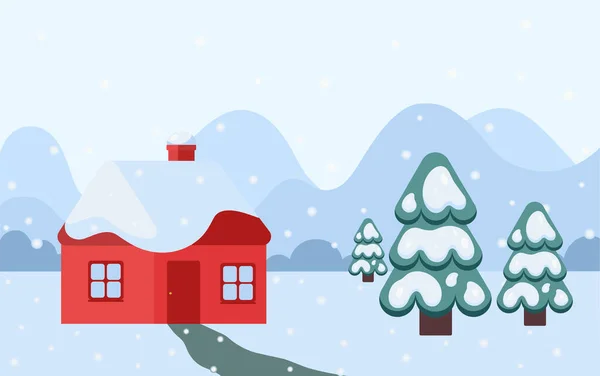 Paysage Hivernal Avec Maison Arbres Noël Neige Fond Noël — Image vectorielle
