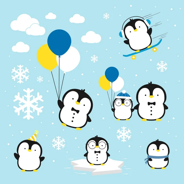 Pingüinos lindo conjunto de dibujos animados — Vector de stock