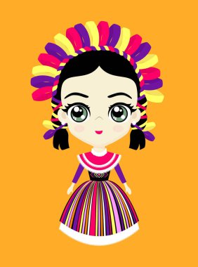 Queretaro, Meksika 'dan geleneksel otomi elbisesi içinde şirin bir Meksikalı bebek resmi. Turuncu arka planda izole edilmiş