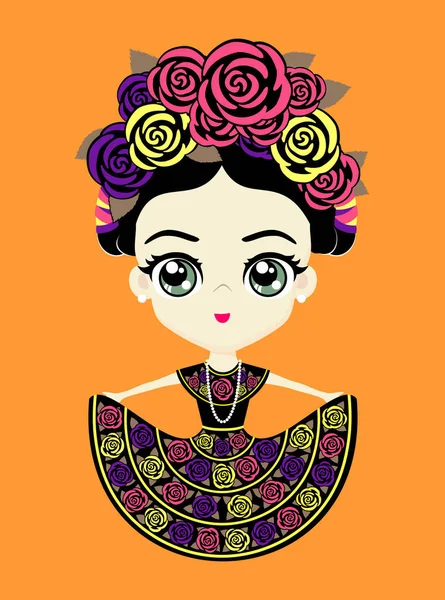 Ilustracja Uroczej Meksykańskiej Lalki Tradycyjnej Sukience Narodowej Chiapas Meksyku Izolacja — Wektor stockowy
