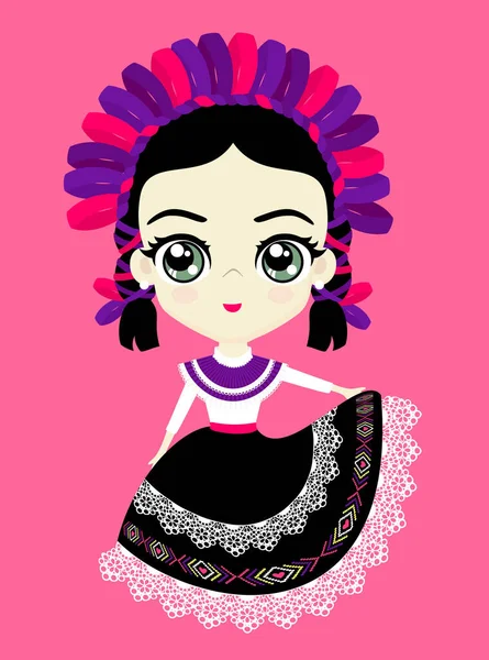 Απεικόνιση Του Χαριτωμένο Μεξικανική Κούκλα Παραδοσιακό Φόρεμα Otomi Από Queretaro — Διανυσματικό Αρχείο
