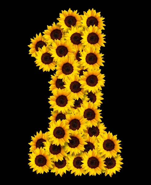Imagen Del Número Hecha Girasoles Amarillos Aislados Sobre Fondo Negro — Foto de Stock