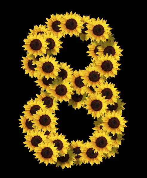 Image Number Made Yellow Sunflowers Flowers Isolated Black Background Design — Stock Photo, Image