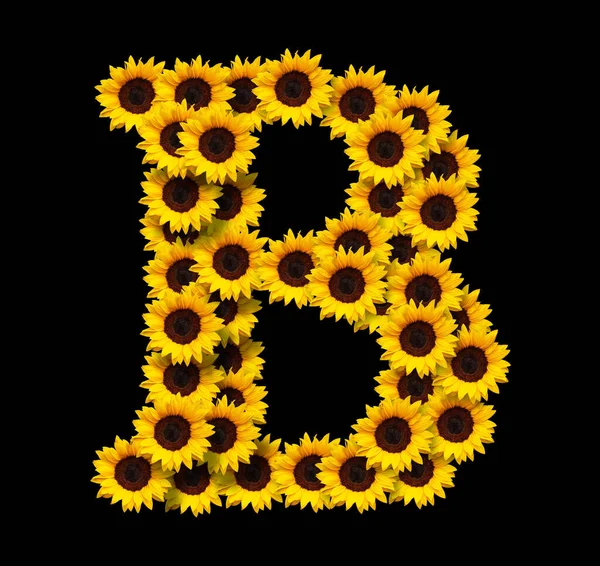 Großbuchstabe Aus Gelben Sonnenblumen Blüten Isoliert Auf Schwarzem Hintergrund Gestaltungselement — Stockfoto