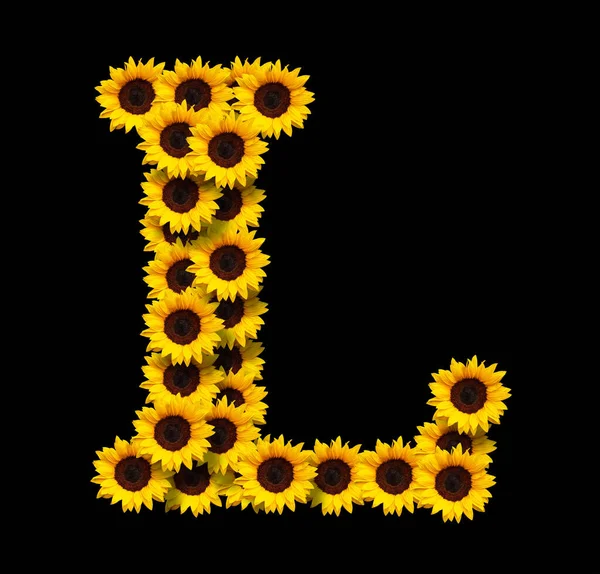 Letra Mayúscula Hecha Girasoles Amarillos Aislados Sobre Fondo Negro Elemento — Foto de Stock