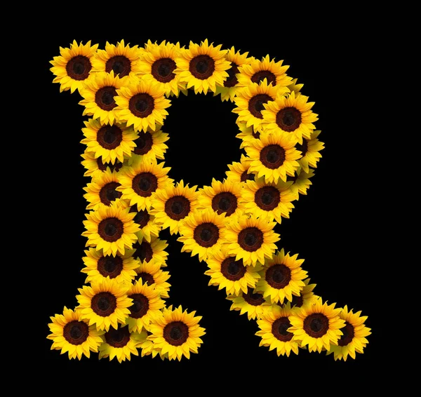 Lettera Maiuscola Fatta Girasoli Gialli Isolati Sfondo Nero Elemento Design — Foto Stock