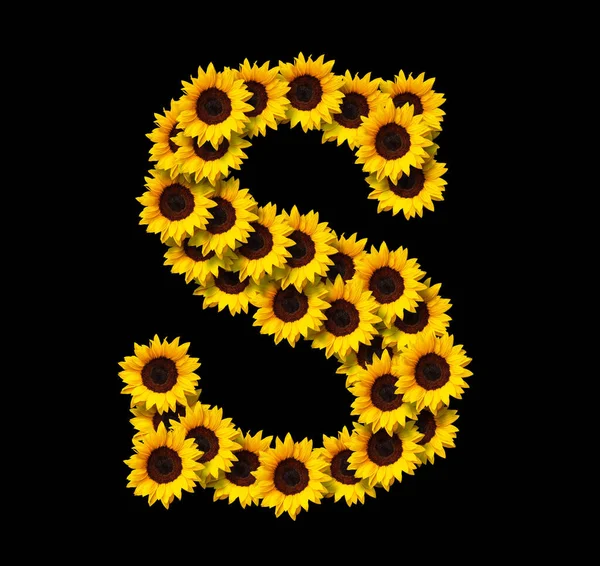 Großbuchstabe Aus Gelben Sonnenblumen Blüten Isoliert Auf Schwarzem Hintergrund Gestaltungselement — Stockfoto