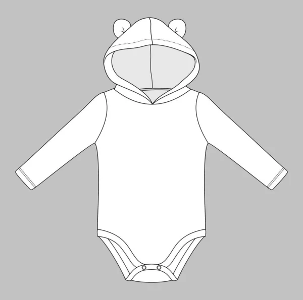 Hooded Long Sleeve Baby Body Suit Ears Flat Sketch Template — Stock Vector