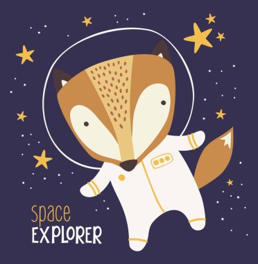 Yıldızlı arka planda astronot kıyafetli şirin tilki. Çizim tarzı illüstrasyon. Bebek dekorasyonu, bebek ve çocuklar için tasarım için kullanılabilir.