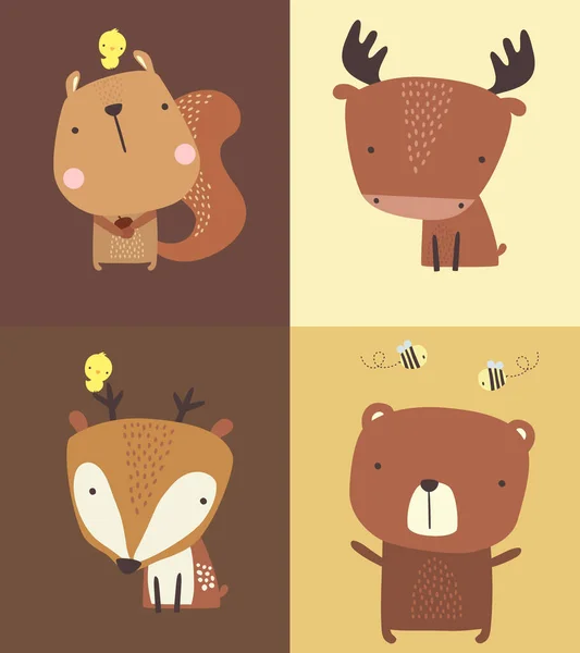 Ensemble Jolies Illustrations Animaux Forestiers Ours Orignaux Écureuils Cerfs Style — Image vectorielle