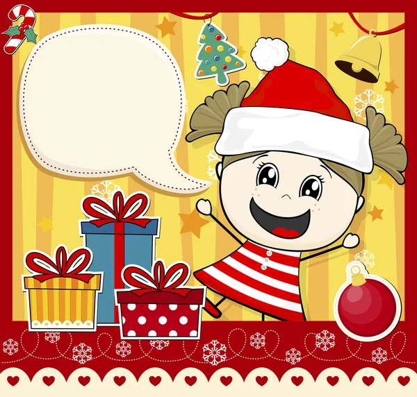 Carte de Noël fille avec chapeau de Père Noël — Image vectorielle