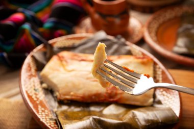Oaxacan Tamale. Meksika ve bazı Latin Amerika ülkelerinin tipik antipatik yemekleri. Muz yapraklarına sarılmış mısır hamuru. Tamaleler buğulandı..
