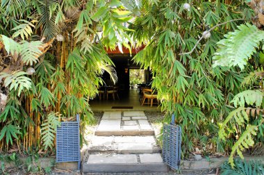 Çit ve kapısı yeşil bambu yapılmış. Filipinler.