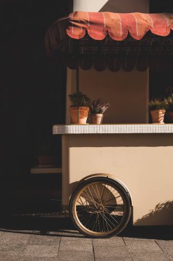 Sıcak güneş ışığıyla yıkanmış, çizgili bir tentenin altında çiçeklerle süslenmiş büyüleyici bir sokak arabası nostaljik ve romantik bir atmosferi çağrıştırıyor..