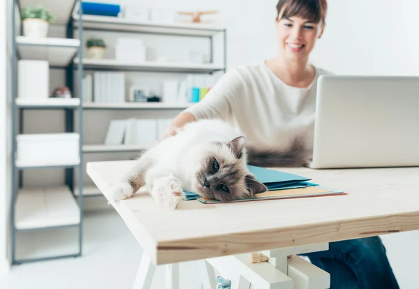 Frau kuschelt Katze — Stockfoto