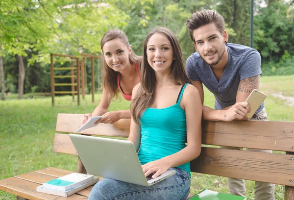 Lachende tieners in het park met behulp van een computer — Stockfoto