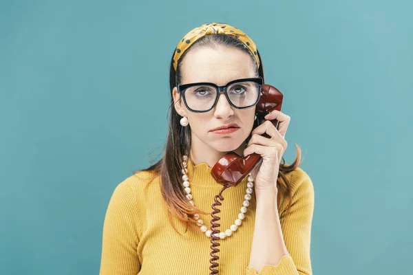 Frustrated Woman Having Boring Phone Call She Holding Receiver Looking — Stock Photo, Image