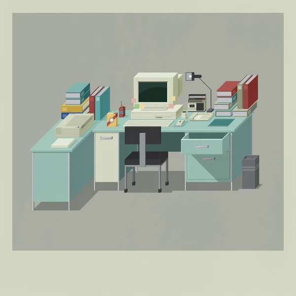 Vintage office with desk, computer, books and various objects, 3D illustration