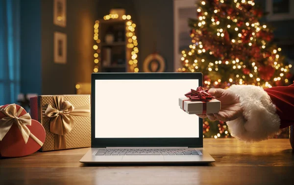 Santa Claus Bringing Gift Home Christmas Eve Blank Laptop — Stock Photo, Image