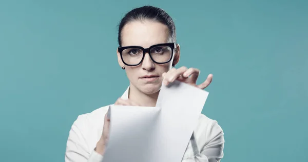 Disappointed Woman Ripping Contract She Tearing Document Staring Camera — Stock Photo, Image