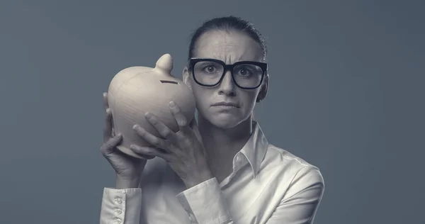 Woman Checking Her Deposit Money Box Savings Investments Concept — Stock Photo, Image