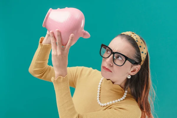 Worried Woman Checking Money Box Her Savings She Disappointed Concerned — Stock Photo, Image