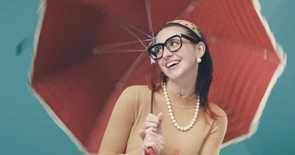 Smiling Woman Holding Red Umbrella She Happy Carefree — Stock Photo, Image