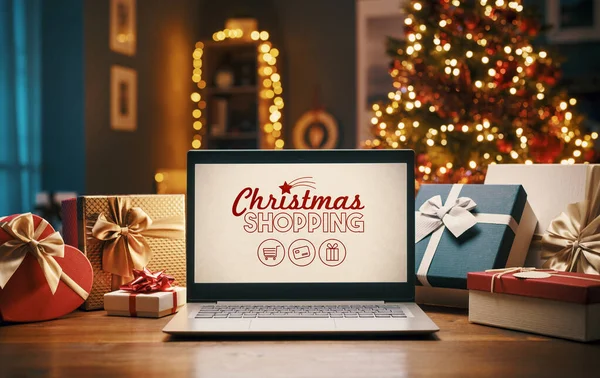 Christmas Shopping Online Home Laptop Christmas Decorations Room Interior Background — Stock Photo, Image