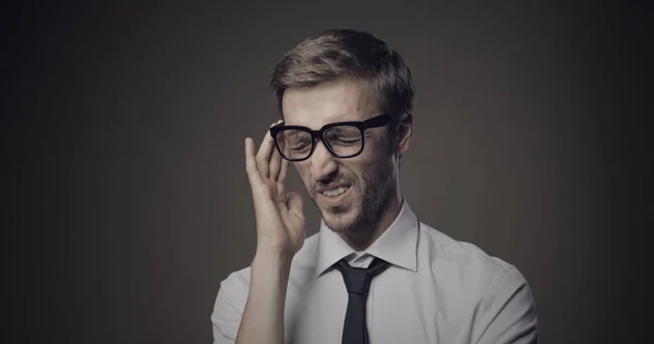 Stressed Businessman Headache Touching His Temples Feeling Exhausted — Stock Photo, Image