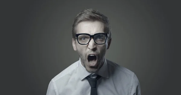 Angry Aggressive Businessman Shouting Camera Frustrated Stressed — Stock Photo, Image