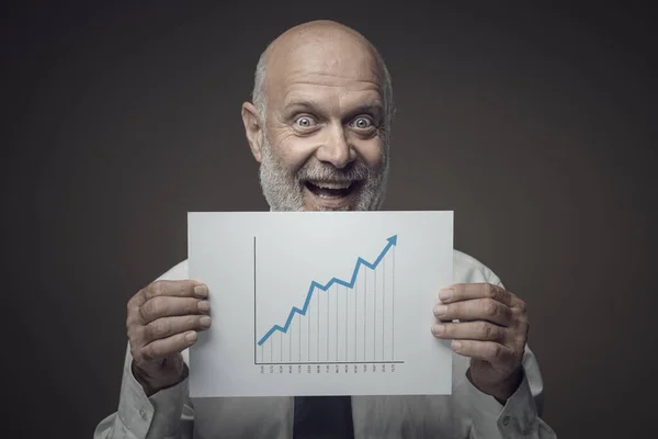 Happy Cheerful Businessman Holding Successful Financial Chart Arrow Going Upwards — Stock Photo, Image