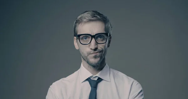 Pensive Businessman Looking Camera Thinking Feeling Doubtful — Stock Photo, Image