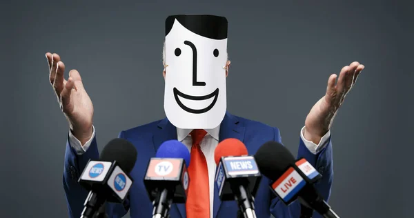 Fake Politician Wearing Smiling Character Mask Hiding Real Identity — Stock Photo, Image