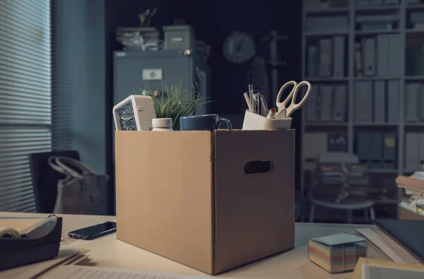 Office Worker Belongings Carton Box Job Dismissal Crisis Concept — Stock Fotó