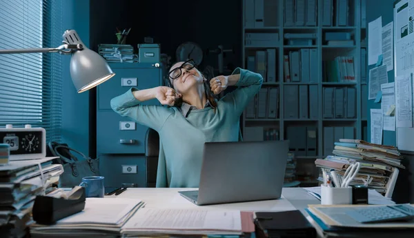 Happy Relaxed Woman Sitting Desk Office Stretching Her Arms — Stock Fotó