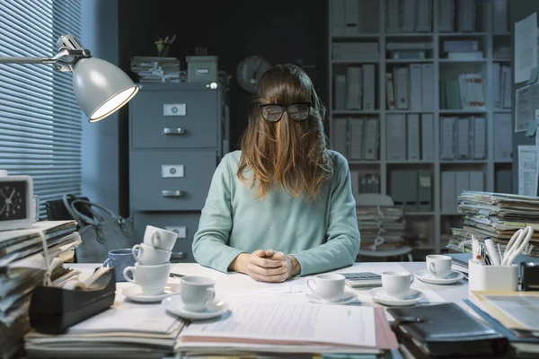 Insane Office Worker Covering Her Face Hair Wearing Glasses Workplace — Fotografia de Stock