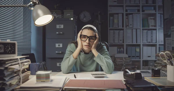 Exhausted Employee Sitting Desk Night Head Hands Job Burnout Stress — Foto de Stock