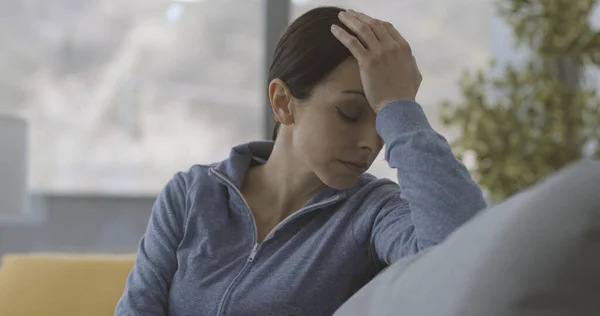 Sad Lonely Woman Sitting Couch Home Thinking She Staying Home — 스톡 사진