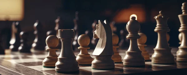 Σκακιστικά Κομμάτια Τοποθετημένα Στη Σκακιέρα Έννοια Παιχνίδια Στρατηγικής — Φωτογραφία Αρχείου