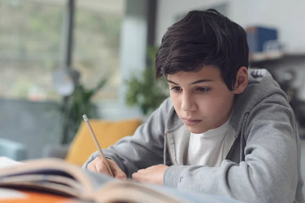 Rapaz Bonito Sentado Mesa Estudando Ele Está Lendo Escrevendo Notas — Fotografia de Stock